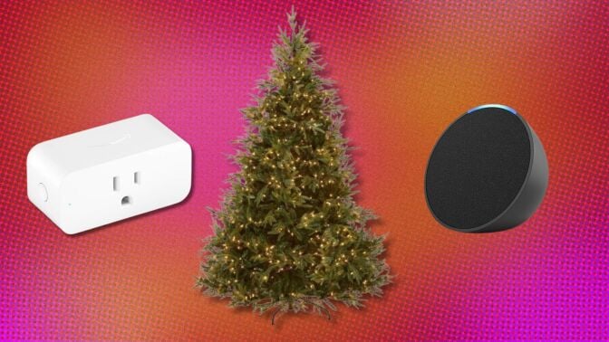 a pre-lit holiday tree sits between an amazon echo pop smart speaker and a smart plug