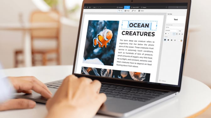 Someone creating a PDF with the text "ocean creatures" on it and a picture of a clownfish