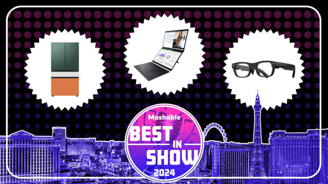 Tech including glasses and a foldable laptop are highlighted above a pink and purple circle that reads "Mashable Best in Show 2024."