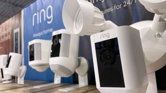 Ring security cameras are displayed on a shelf at a Best Buy store.