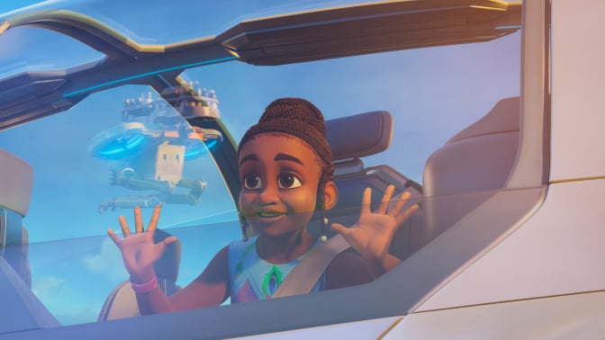 Tola stares out of a flying car in the Disney animated series "Iwájú".