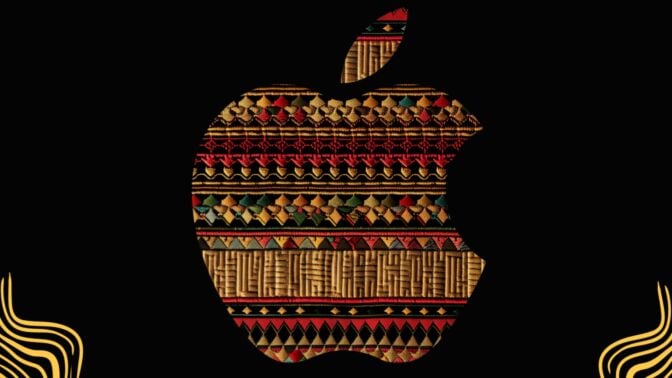 An Apple logo with a fabric pattern inside.