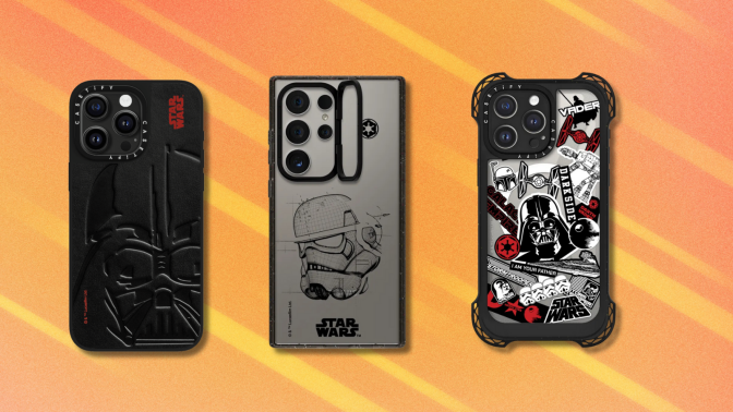 Star Wars and Casetify phone case designs on orange abstract background