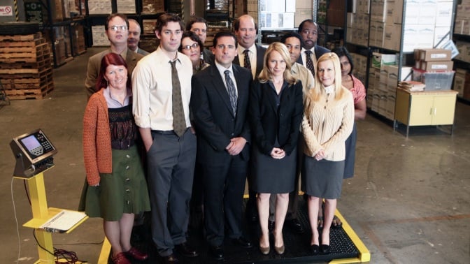 The cast of "The Office" in a paper warehouse.