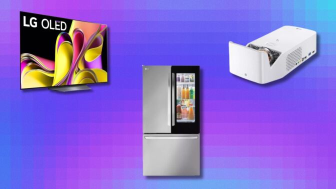 an LG tv, refrigerator, and projector on a purple and blue colored background