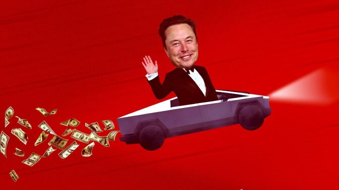 Elon Musk driving a Cybertruck with money spewing out the back