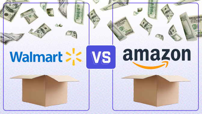 side by sides of the walmart and amazon logos above boxes and below falling $100 bills