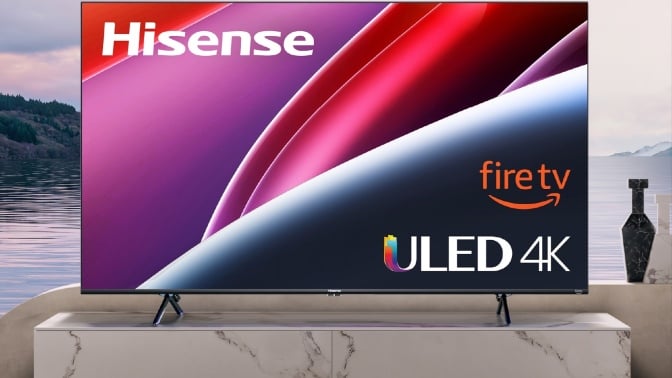 Hisense 50-Inch Class U6HF Series ULED 4K UHD with FireTV logo on a marble TV unit