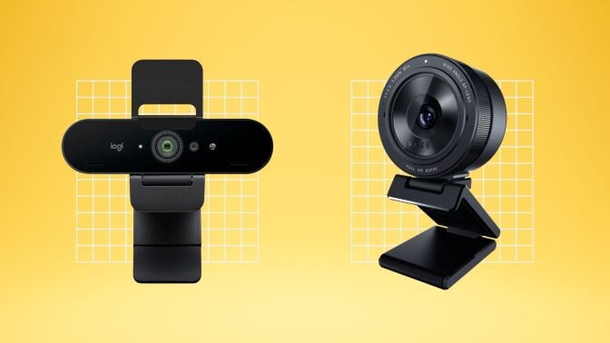 logitech and razer webcams on yellow background