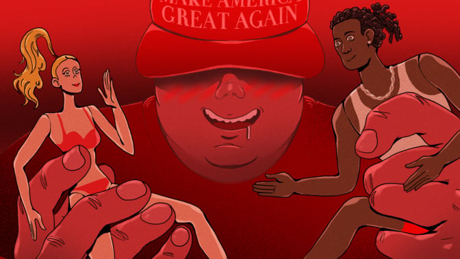 blushing man in MAGA hat holds two dolls of a white woman in a bikini top and a black man wearing a tank top, chain and earring