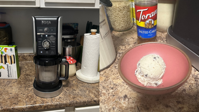 On the left, the Ninja Creami on a counter. On the right, a scoop of ice cream in a bowl.