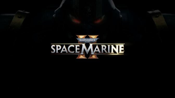 logo for "Warhammer 40,000: Space Marine II." The title is displayed prominently in large, metallic font with a dark background, featuring a faint outline of a Space Marine's helmet above the logo. The text "Warhammer 40,000" appears in smaller letters on a banner above the main title.