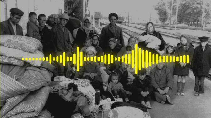 A yellow soundwave is placed on an archive photo from the mass deportations in 1944, which shows a group of Crimean Tatars gathered at a train station with a pile of modest belongings.