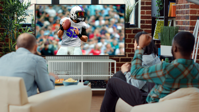 A group of people sitting around a television watching football