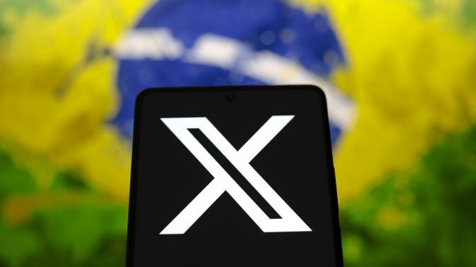 X logo with Brazil flag in the background