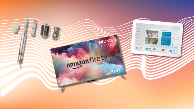 Shark FlexStyle, Amazon Omni QLED Fire TV, and Amazon Echo Hub against a colorful background