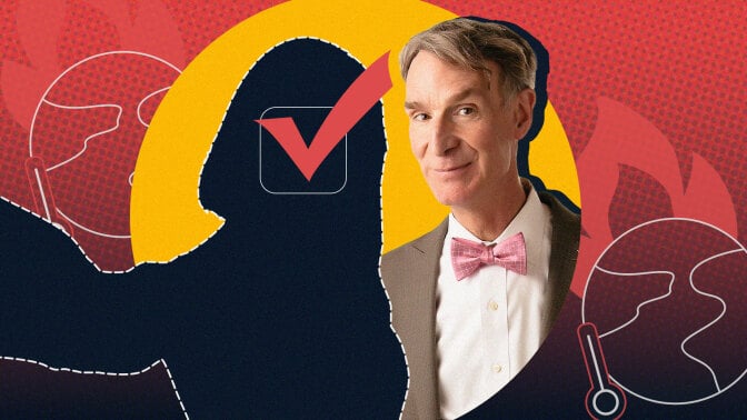 A photo of Bill Nye smiling, surrounded by illustrations of the earth, flames, and a person's silhouette as they take a selfie.