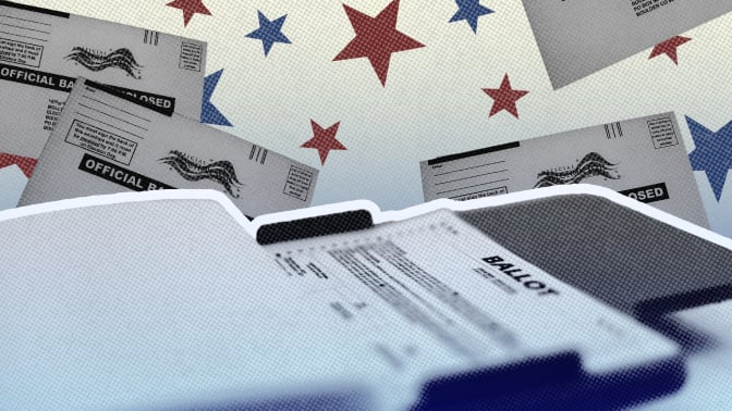 Photos of ballots and a ballot counting machine surrounded by red and blue stars. 