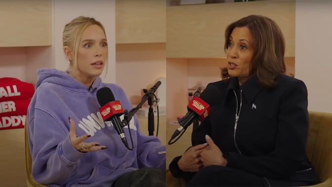 A side-by-side image shows two women sitting in front of microphones.