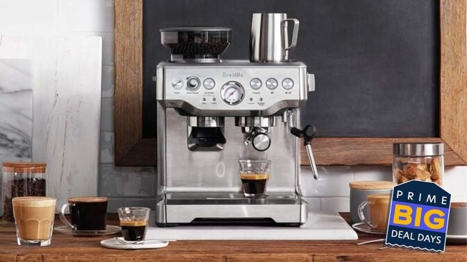 breville barista express surrounded by coffee and accessories