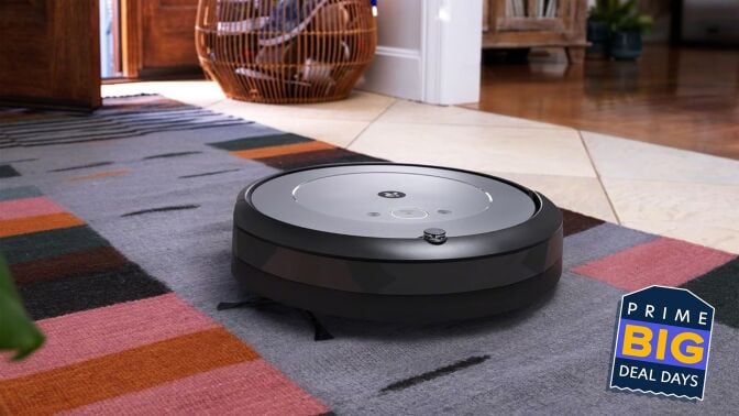 roomba i3 evo cleaning area rug, badge over image reads 'Prime Big Deal Days'