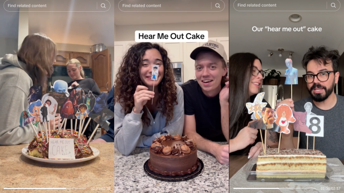 screenshots of tiktoks of people doing hear me out cake trend