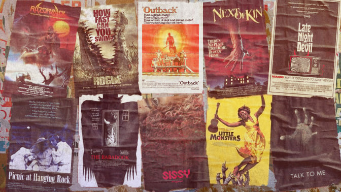 Ten posters for Australian horror films are pasted up on a wall.