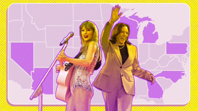 Taylor Swift next to Kamala Harris in front of a map of the US with battleground states highlighted in purple. 