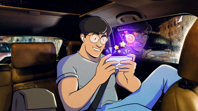 A man plays a smartphone game in a car