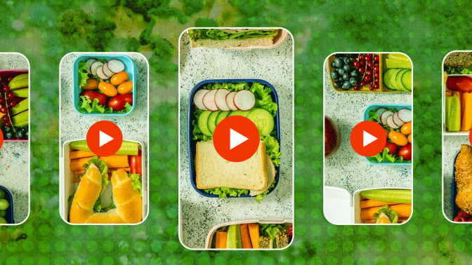 video play signs over food in containers with a green background