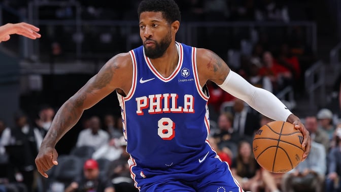 Paul George of the Philadelphia 76ers drives