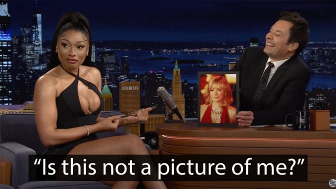 A woman sits on a talk show gesturing towards a photo of another woman. A quote at the bottom reads "Is this not a picture of me?"