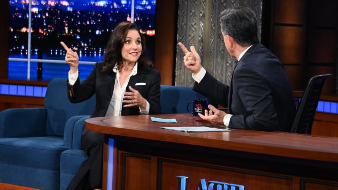 The Late Show with Stephen Colbert and guest Julia Louis-Dreyfus on the set.