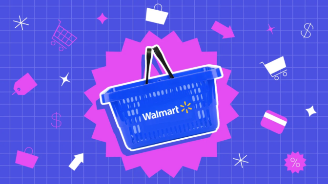 a blue shopping basket with the walmart logo on it against a pink starburst on a blue grid background