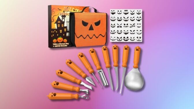 Halloween pumpkin carving kit on a pink gradient background