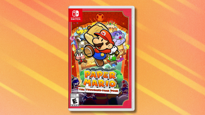 Paper Mario: The Thousand Year Door on orange and white abstract background