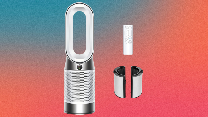 Dyson Hot+Cool purifier on a purple, peach and blue grain gradient