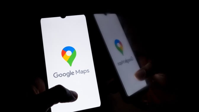 The Google Maps logo displays on a smartphone screen in Athens, Greece, on September 23, 2024.