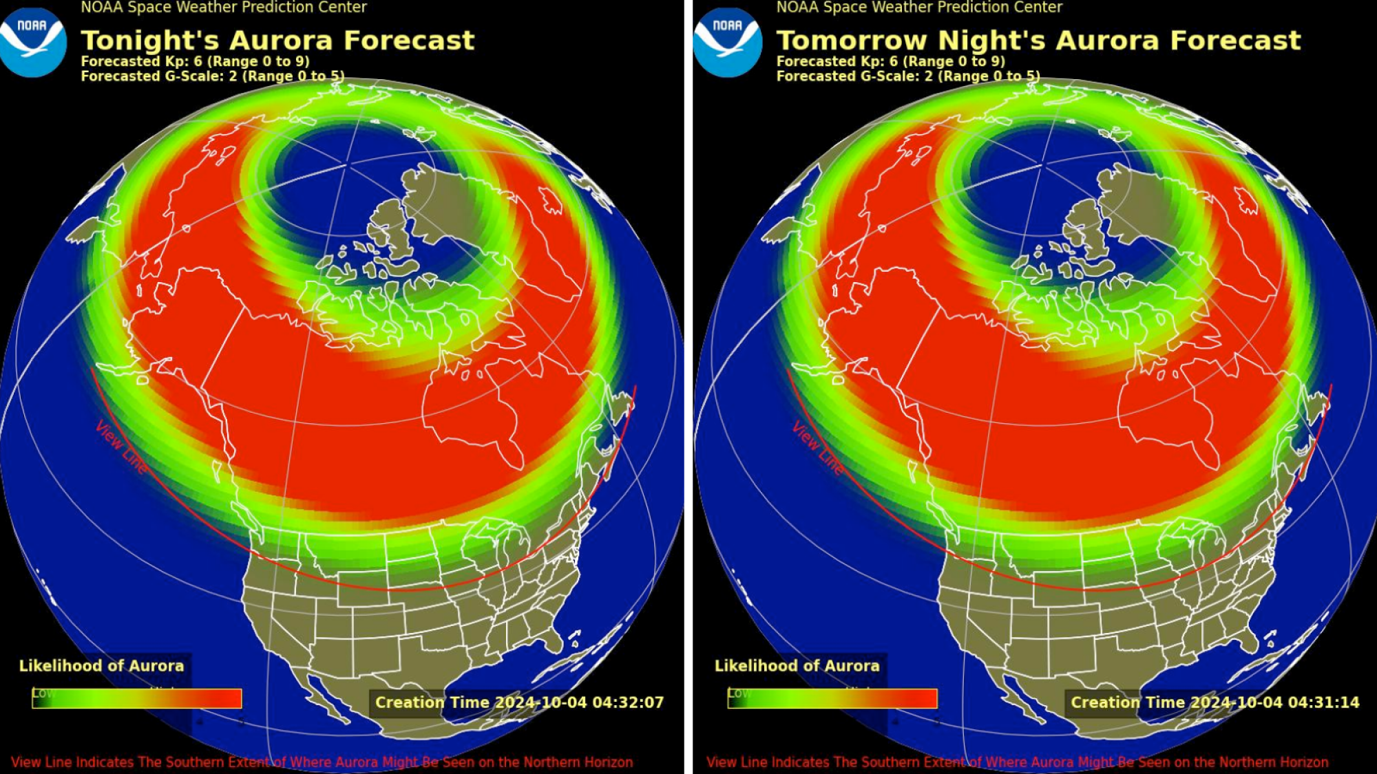 Two maps showing where the aurora borealis will be on October 4th and 5th, and where it will be visible from. The Northern Lights appear to be visible from the northernmost U.S. states. 