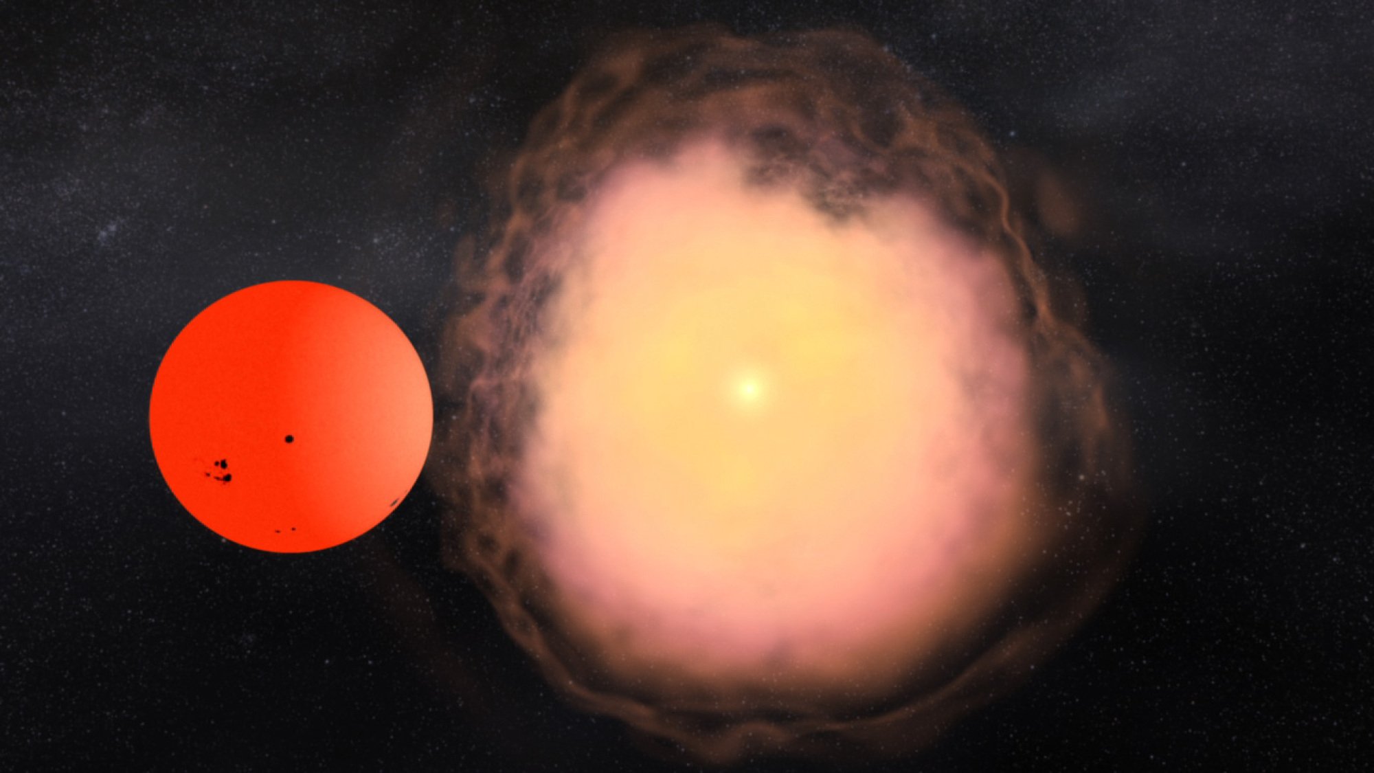 White dwarf star swinging close to red giant star