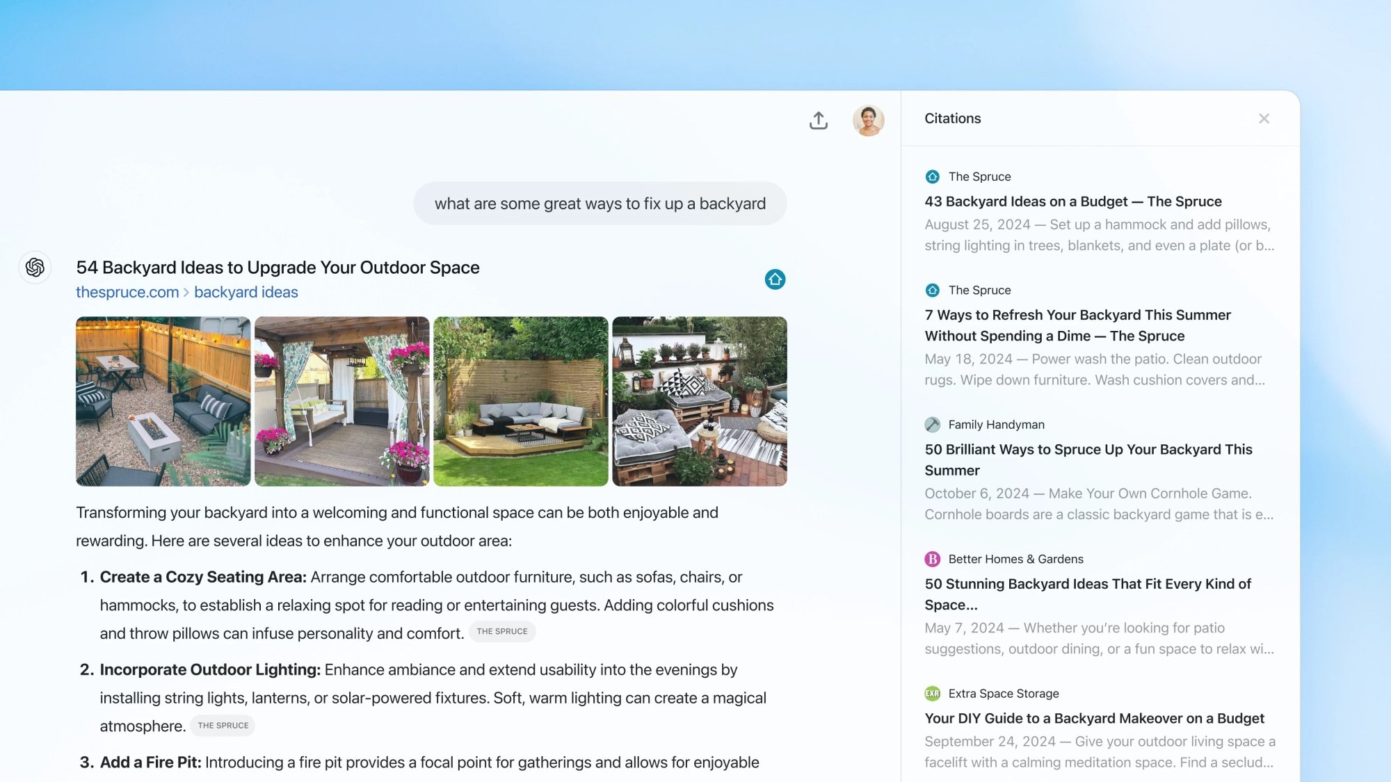 ChatGPT search showing search results for how to fix up a backyard