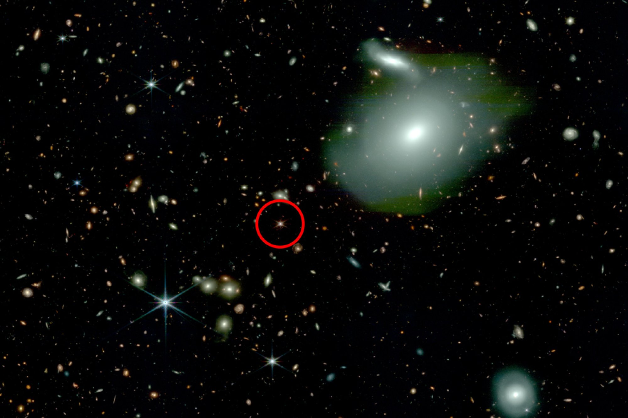 An isolated quasar in deep space, circled in red.