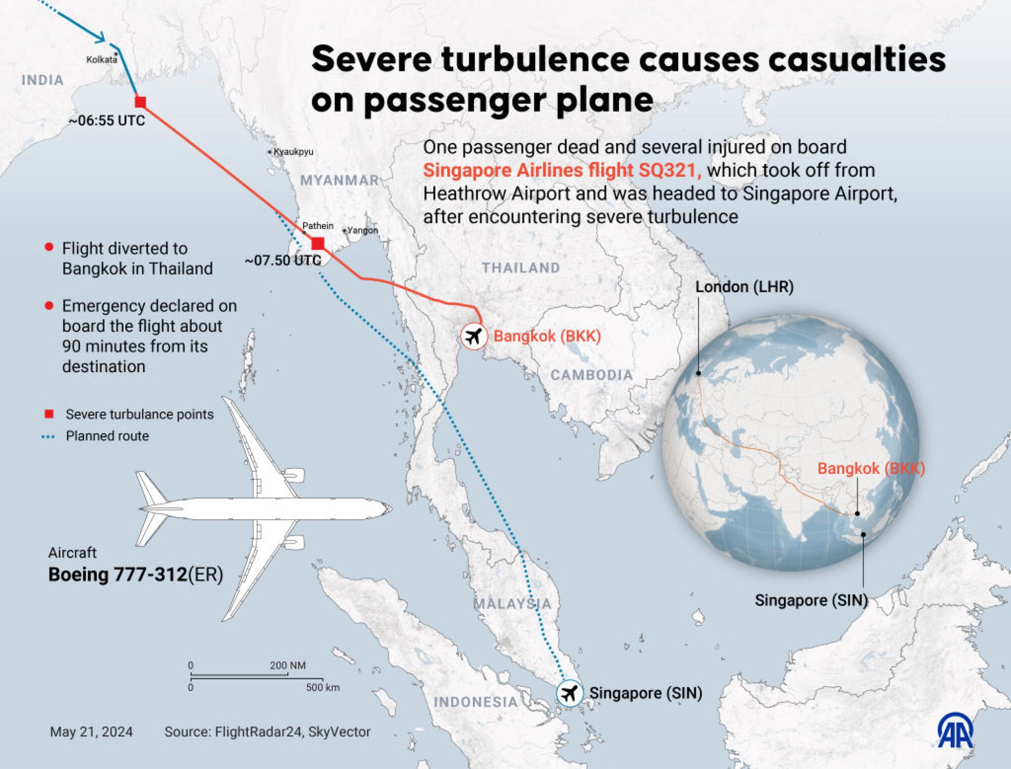 Singapore Airlines flight SQ321 experienced severe turbulence near the end of its flight from London to Singapore.