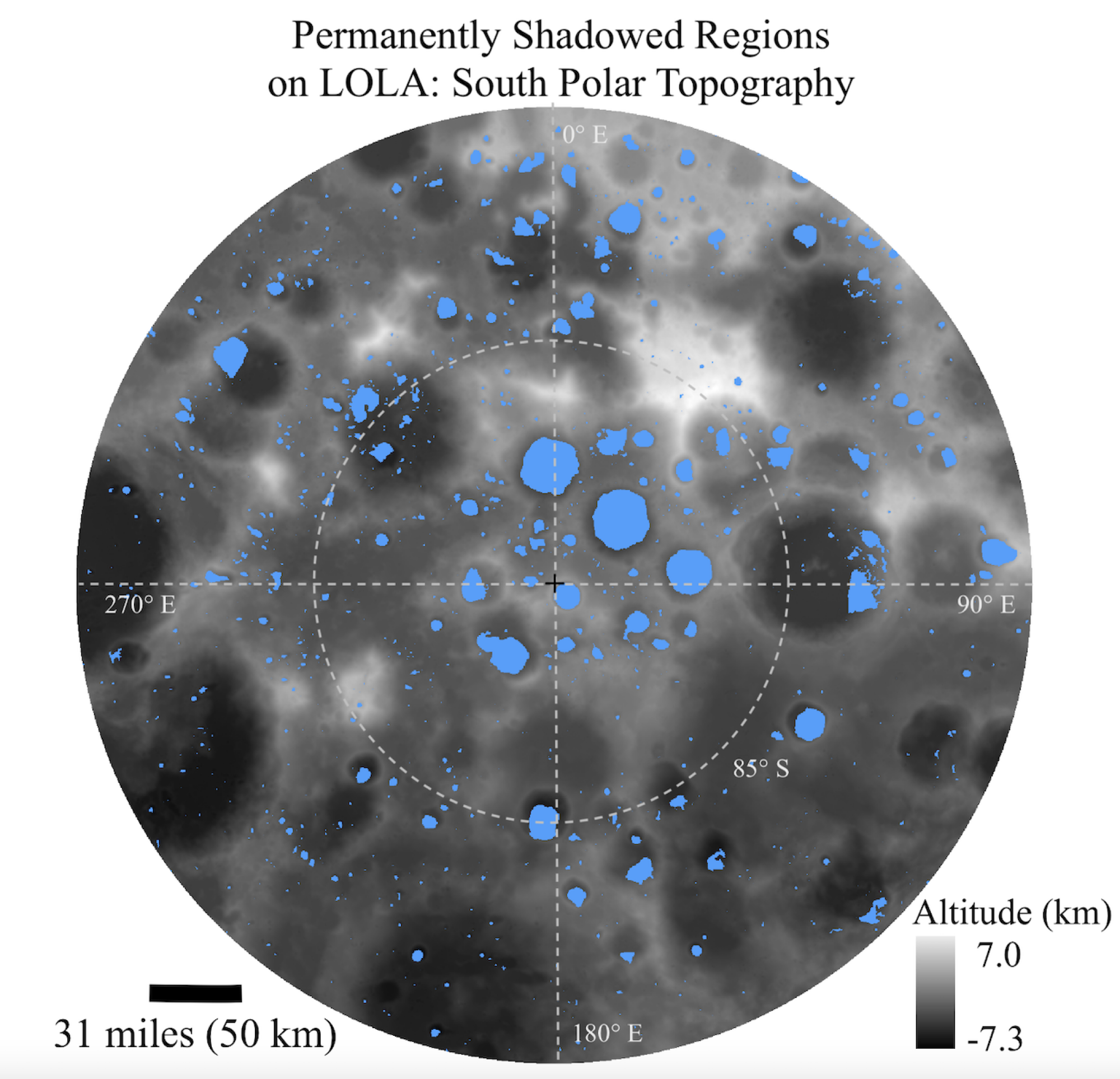 The blue areas show an expansive area of permanently shadowed regions on the moon.