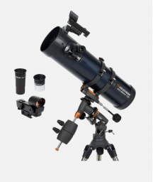 The Celestron AstroMaster 130EQ Telescope shown with all its component parts 