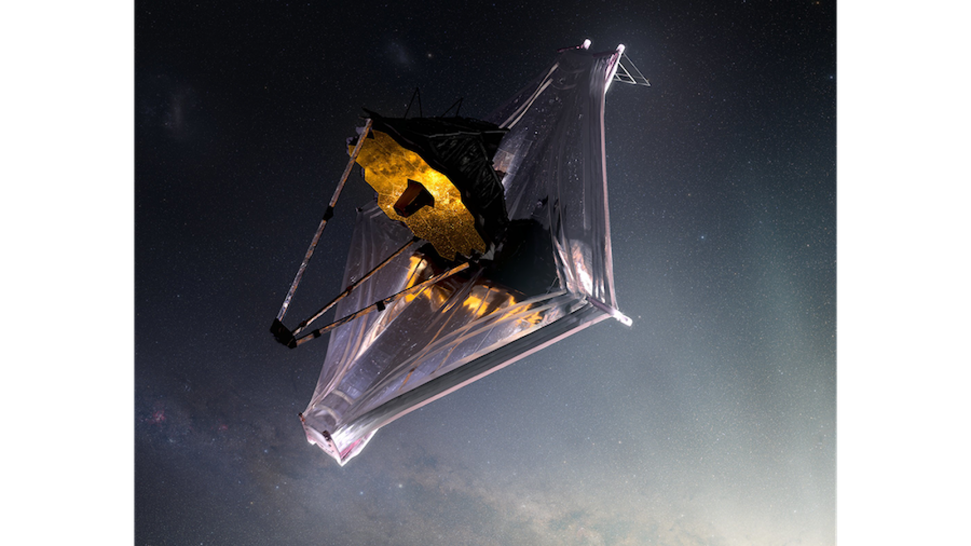 An artist's illustration of the James Webb Space Telescope observing the cosmos 1 million miles from Earth.