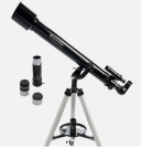 The Celestron PowerSeeker 60AZ Telescope shown on its tripod and with component parts