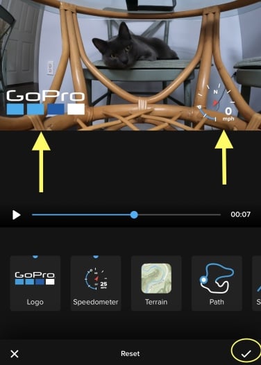 screenshot from gopro quick app of telemetry stickers