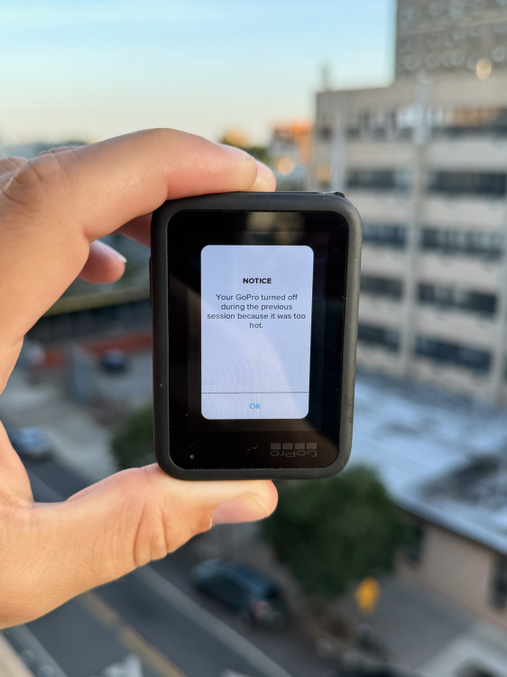 gopro hero 13 black shows error message that reads 'Notice: your GoPro turned off during the previous session because it was too hot'