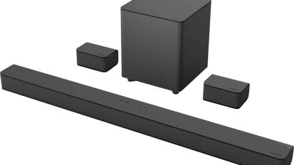 vizio v-series soundbar with subwoofer on white background